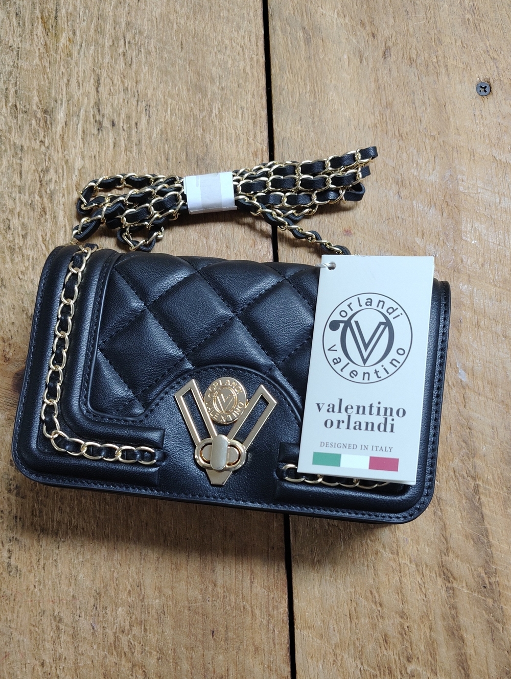 Valentino Orlandi Black Quilted Crossbody with Gold Hardware